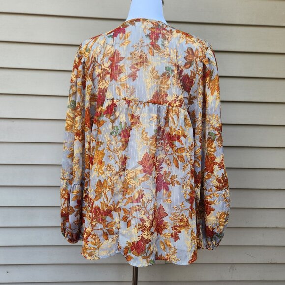 Maurices Plus Blouson Sleeve Blouse Metallic Sheer NWT Leaf Print Fall Autumn - Picture 10 of 16